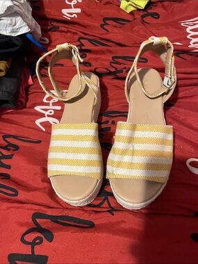 Qupid Yellow and White Striped Espadrille Ankle-Strap Sandals